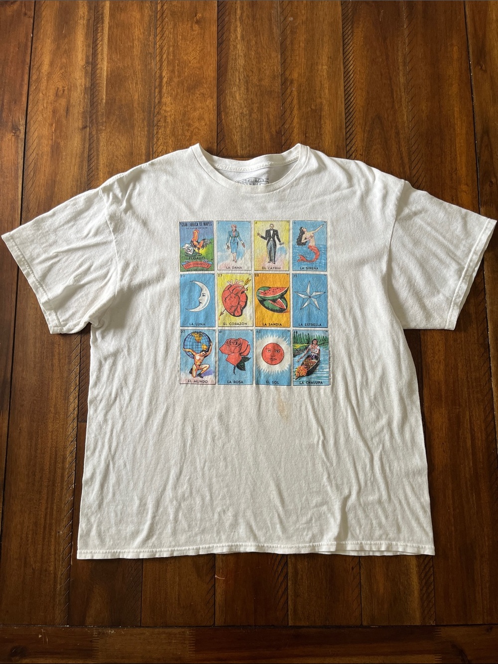 White Graphic Short Sleeve Tee with Colorful Lotería Panels